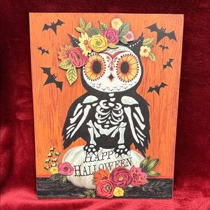 Halloween Skeleton Owl “Happy Halloween” MDF Demensional Wooden Sign Art C